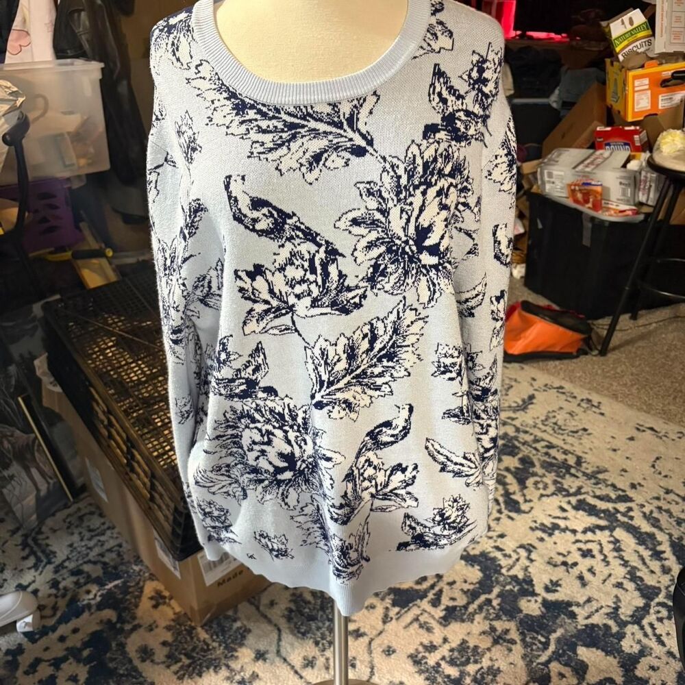 y2k International Concepts Oversized Baby Blue Floral Scoop Neck Sweater